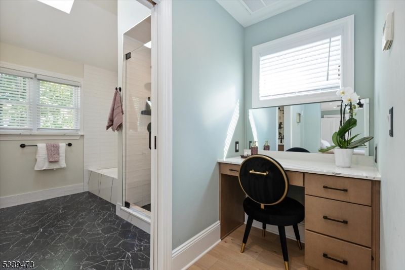 Bathroom, Glass Shower, Home Office, Interior, Wood Texture Flooring