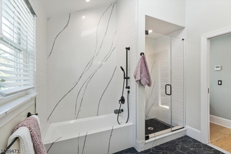 Bathroom, Glass Shower, Interior, Recessed Lighting, Wood Texture Flooring