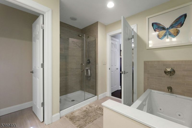 Bathroom, Glass Shower, Interior, Recessed Lighting, Wood Texture Flooring