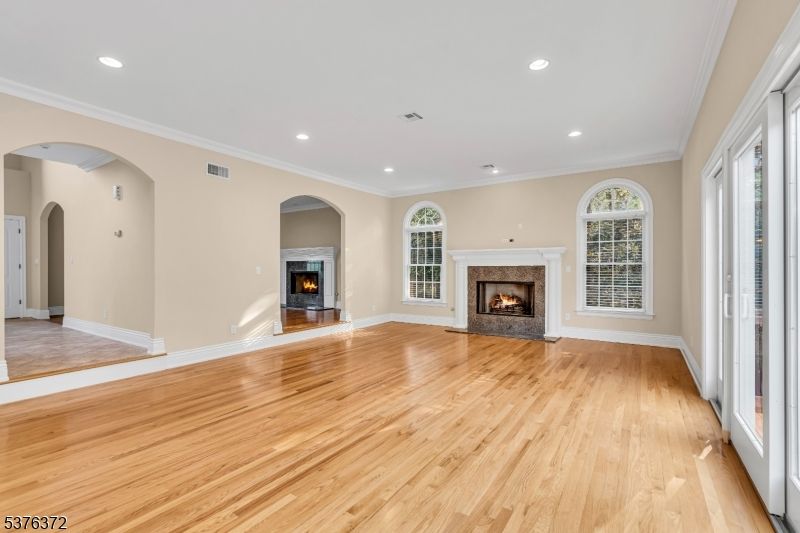 Empty room, Fireplace, Interior, Recessed Lighting, Wood Texture Flooring