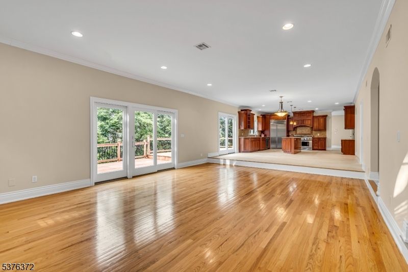 Empty room, Interior, Kitchen, Pendant Lights, Recessed Lighting, Wood Texture Flooring