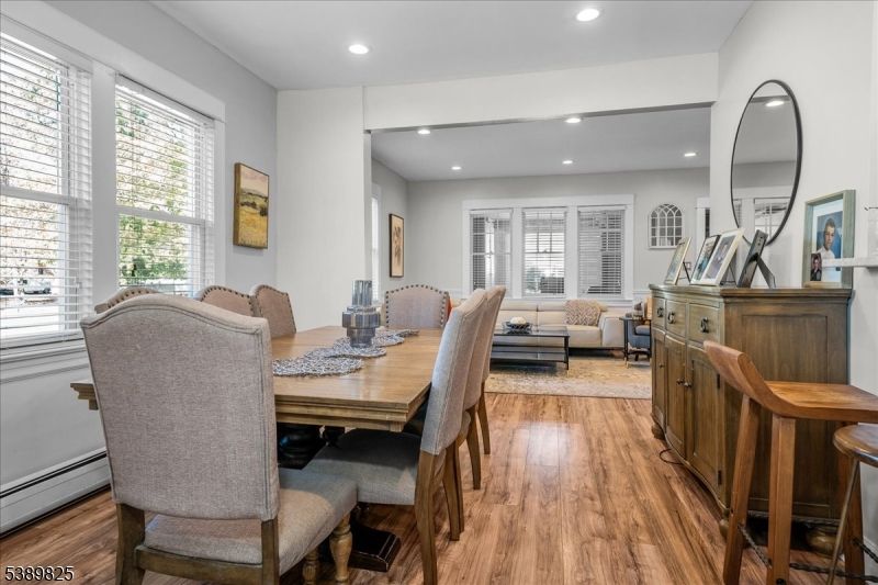Dining room, Interior, Living room, Recessed Lighting, Wood Texture Flooring