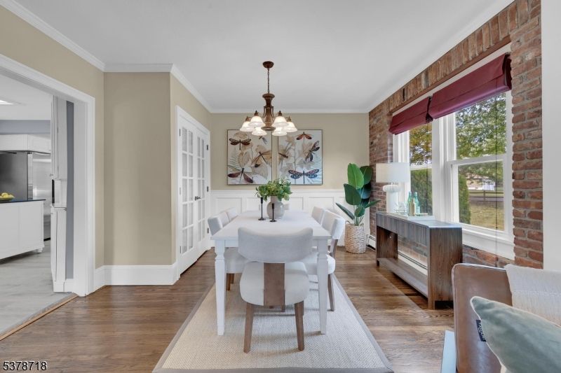 Chandelier, Dining room, Interior, Stone Walls, Wood Texture Flooring