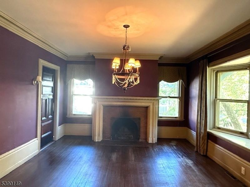 Chandelier, Empty room, Fireplace, Interior, Wood Texture Flooring