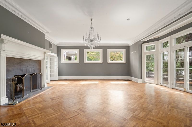 Chandelier, Empty room, Fireplace, Interior, Wood Texture Flooring