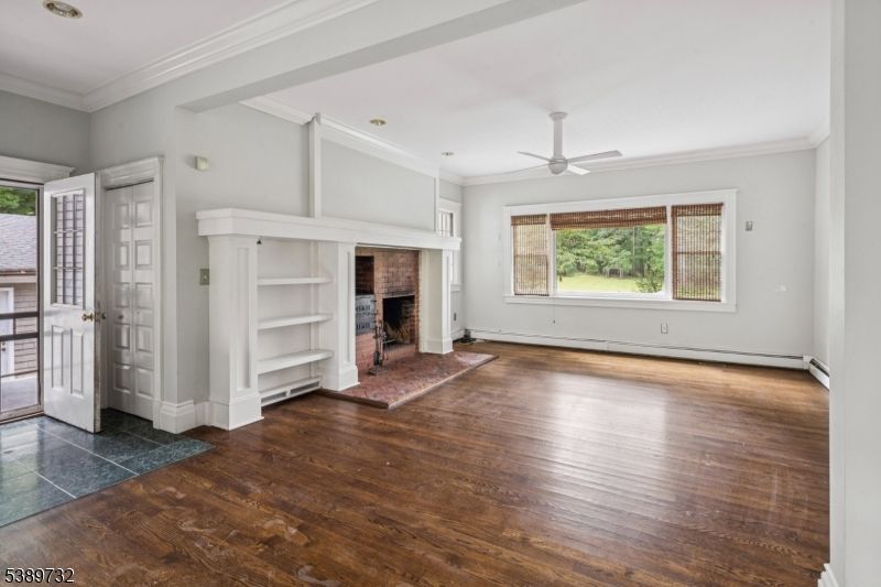 Empty room, Fireplace, Interior, Recessed Lighting, Wood Texture Flooring