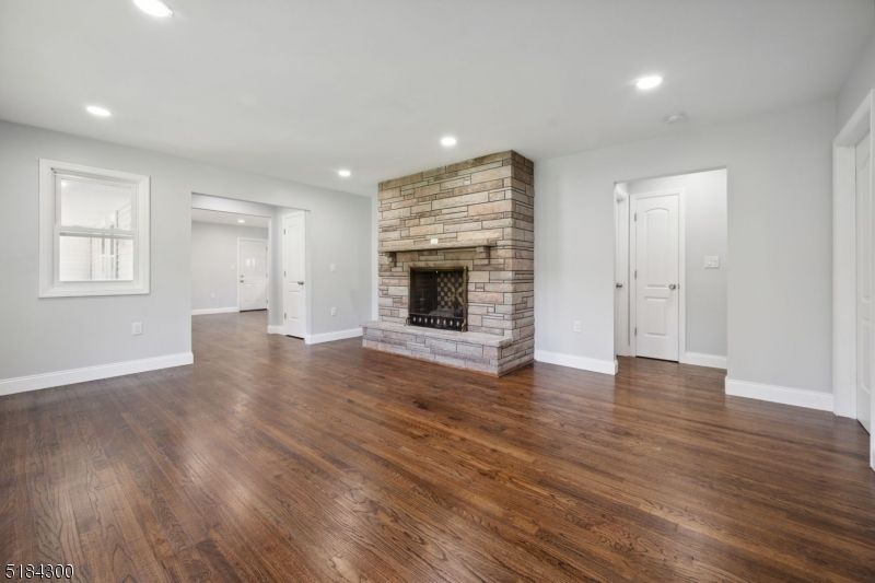 Empty room, Fireplace, Interior, Recessed Lighting, Wood Texture Flooring