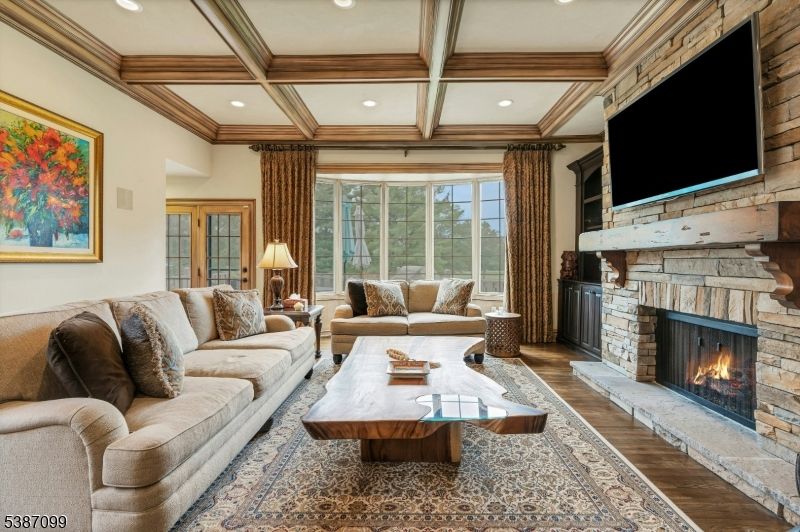Fireplace, Interior, Living room, Recessed Lighting, Wooden Beams, Wood Texture Flooring