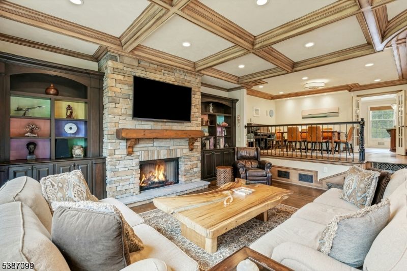 Fireplace, Interior, Living room, Recessed Lighting, Stone Walls, Wooden Beams, Wood Texture Flooring