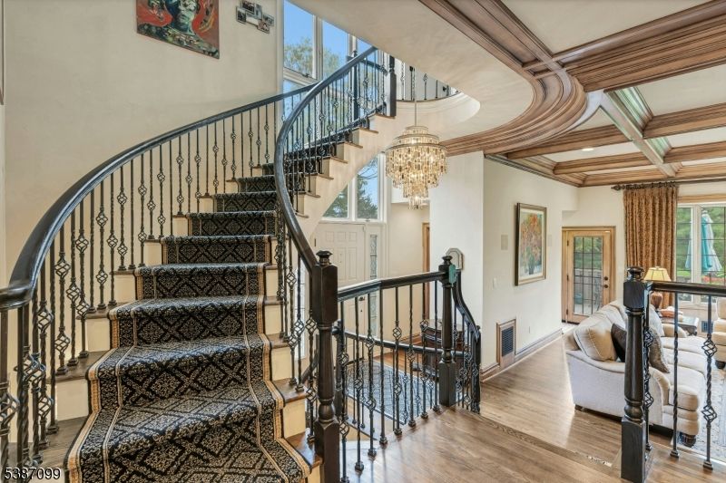 Chandelier, Interior, Recessed Lighting, Wooden Beams, Wood Texture Flooring