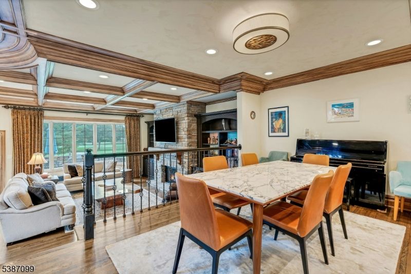 Dining room, Interior, Living room, Recessed Lighting, Stone Walls, Wood Texture Flooring