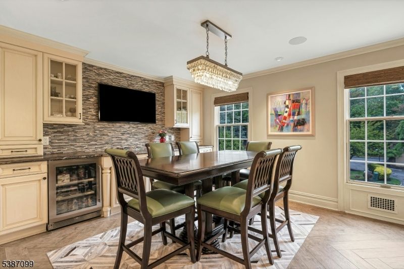 Chandelier, Dining room, Interior, Stone Walls, Wood Texture Flooring