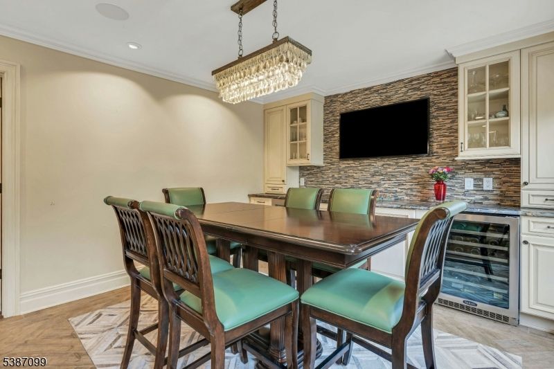 Chandelier, Dining room, Interior, Recessed Lighting, Stone Walls, Wood Texture Flooring