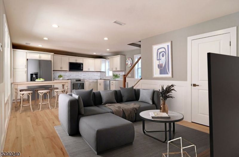 Dining room, Interior, Kitchen, Living room, Recessed Lighting, Stainless Steel Appliances, Wood Texture Flooring