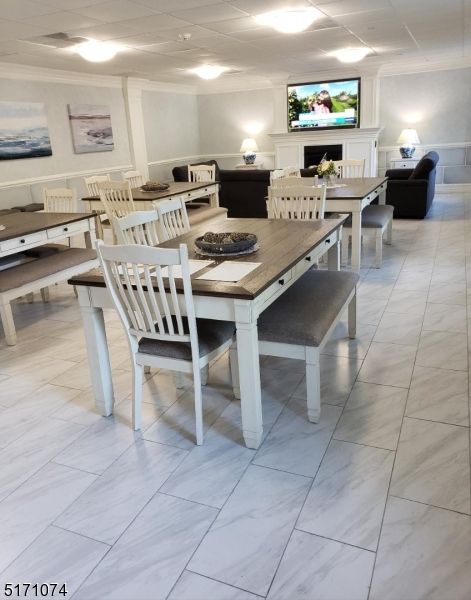 Dining room, Fireplace, Interior, Living room, Marble, Recessed Lighting