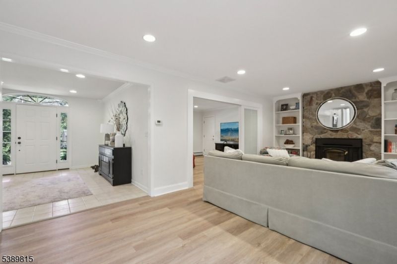 Fireplace, Interior, Living room, Recessed Lighting, Wood Texture Flooring