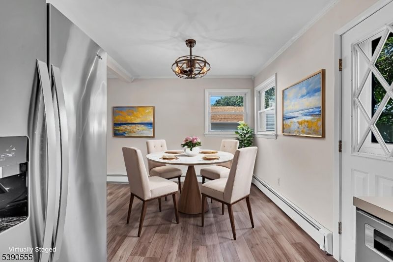 Chandelier, Dining room, Interior, Wood Texture Flooring