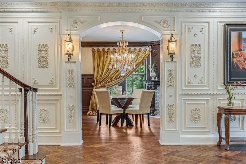Chandelier, Dining room, Interior, Wood Texture Flooring