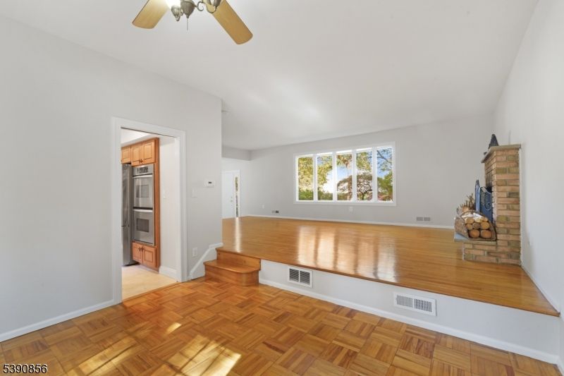 Empty room, Fireplace, Interior, Kitchen, Wood Texture Flooring