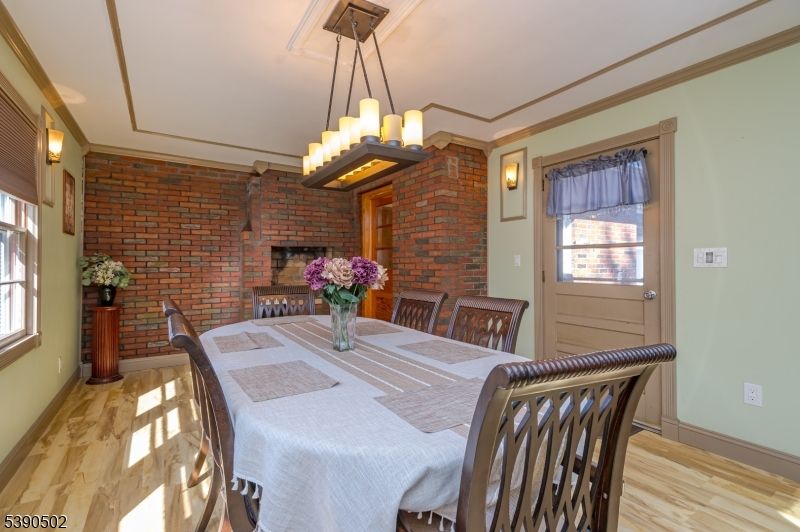 Chandelier, Dining room, Interior, Stone Walls, Wood Texture Flooring