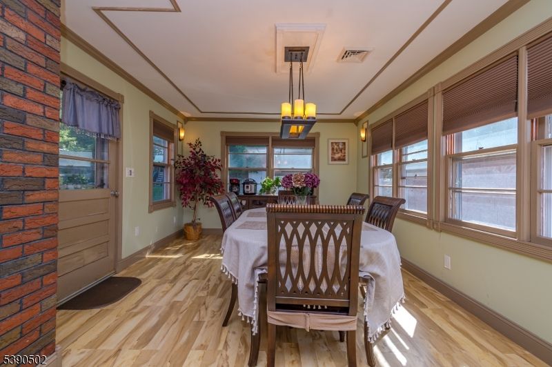 Dining room, Interior, Pendant Lights, Wood Texture Flooring