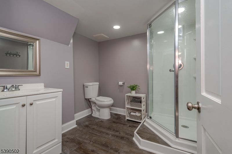 Bathroom, Glass Shower, Interior, Recessed Lighting, Wood Texture Flooring