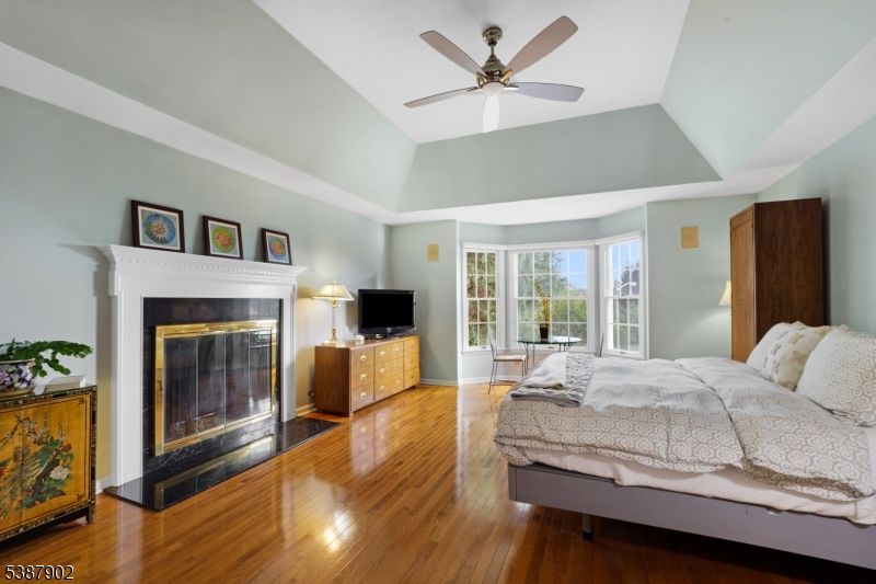 Bedroom, Fireplace, Interior, Wood Texture Flooring