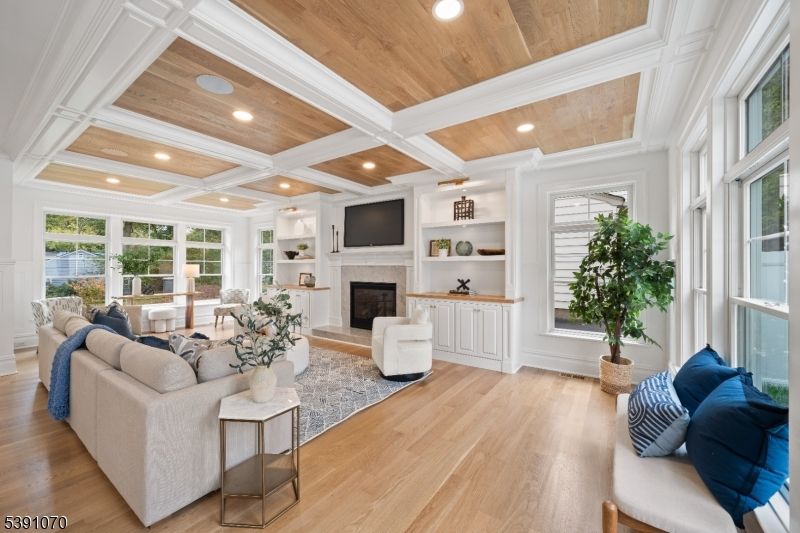 Fireplace, Interior, Living room, Recessed Lighting, Wooden Ceilings, Wood Texture Flooring