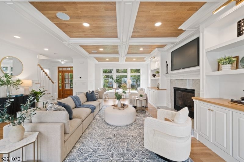 Fireplace, Interior, Living room, Recessed Lighting, Wooden Ceilings, Wood Texture Flooring