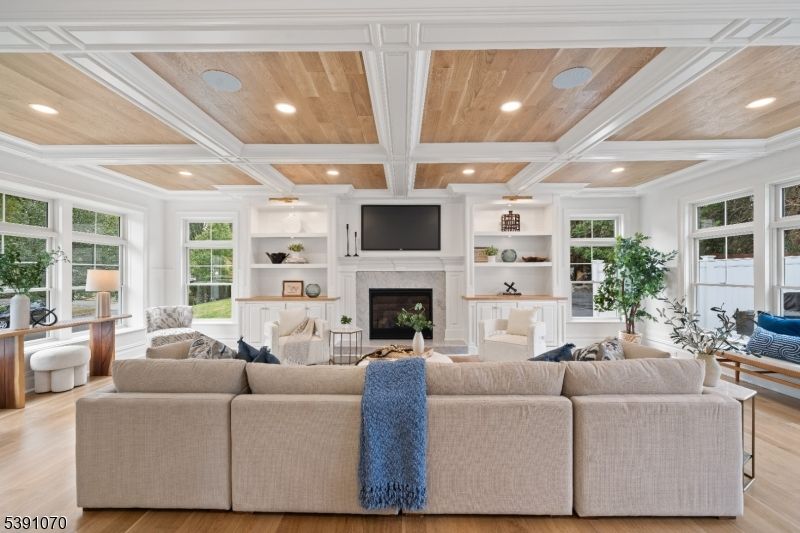 Fireplace, Interior, Living room, Recessed Lighting, Wooden Ceilings, Wood Texture Flooring