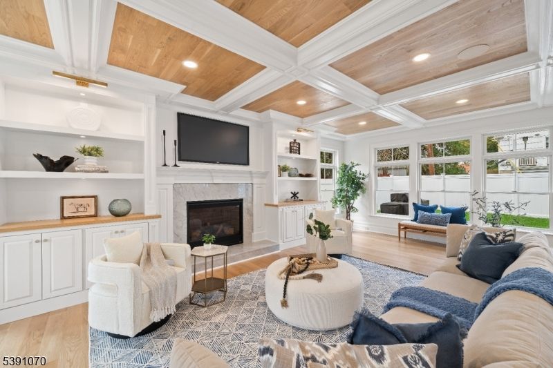 Fireplace, Interior, Living room, Recessed Lighting, Wooden Ceilings, Wood Texture Flooring