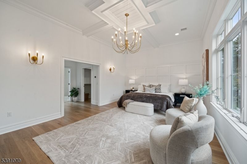 Bedroom, Chandelier, Interior, Recessed Lighting, Wood Texture Flooring