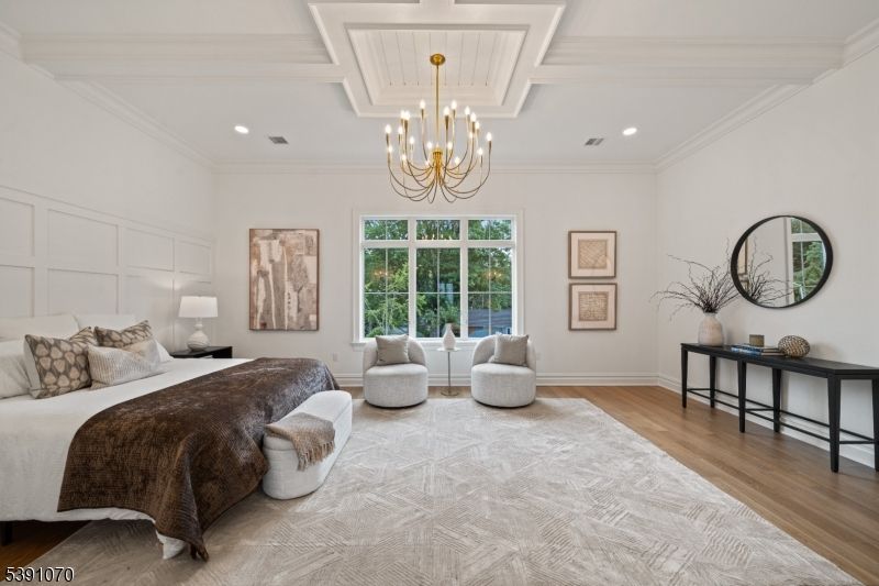 Bedroom, Chandelier, Interior, Recessed Lighting, Wood Texture Flooring