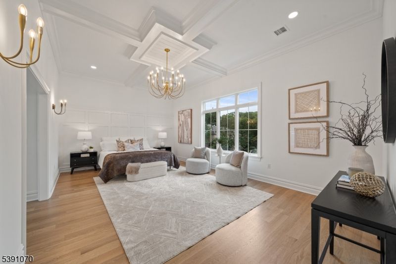 Bedroom, Chandelier, Interior, Recessed Lighting, Wood Texture Flooring