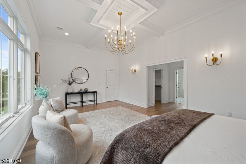 Bedroom, Chandelier, Interior, Recessed Lighting, Wood Texture Flooring
