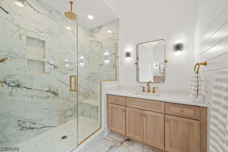 Bathroom, Glass Shower, Interior, Marble, Marble Walls, Recessed Lighting