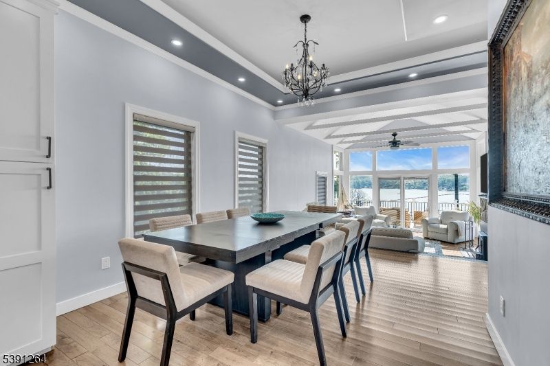 Chandelier, Dining room, Interior, Living room, Recessed Lighting, Water, Wood Texture Flooring