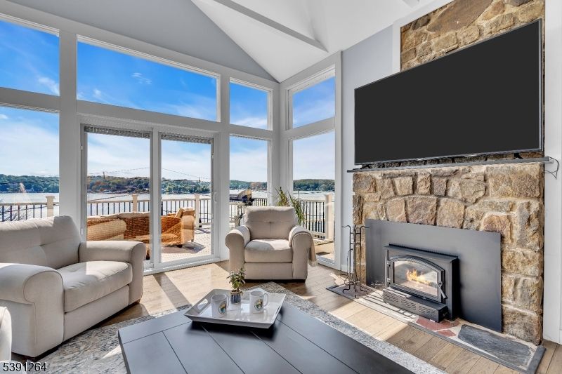 Fireplace, Interior, Living room, Stone Walls, Water, Wood Texture Flooring