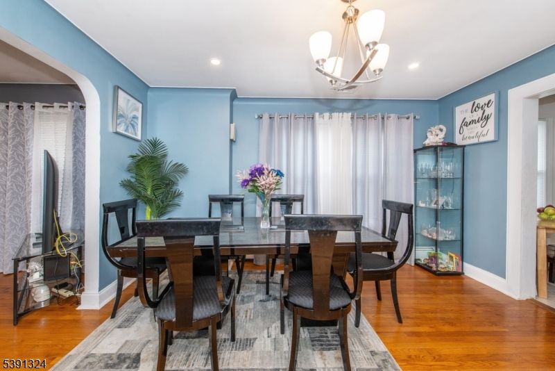 Dining room, Interior, Pendant Lights, Recessed Lighting, Wood Texture Flooring