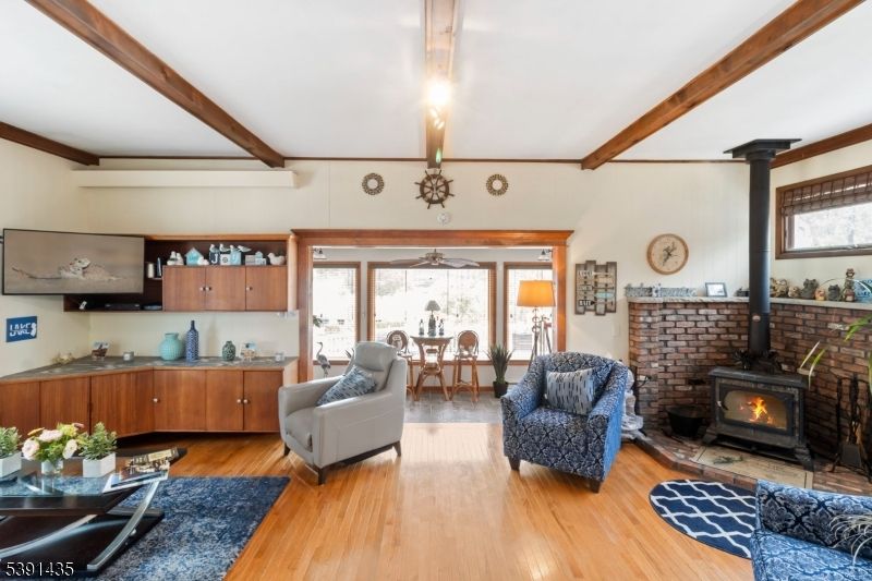 Dining room, Fireplace, Interior, Living room, Wooden Beams, Wood Texture Flooring