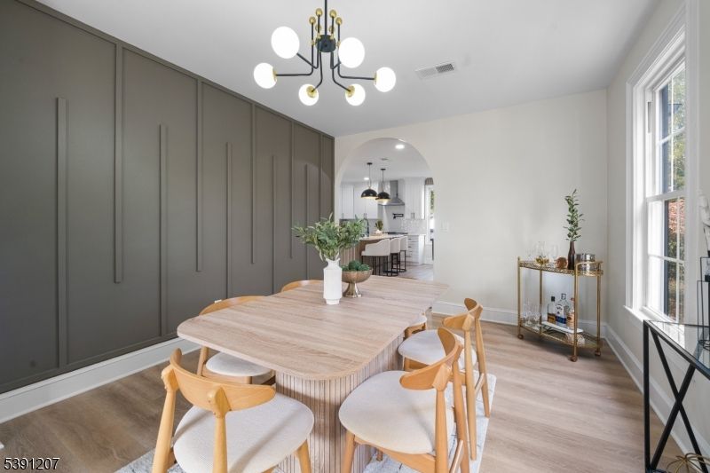Dining room, Interior, Kitchen, Pendant Lights, Wood Texture Flooring