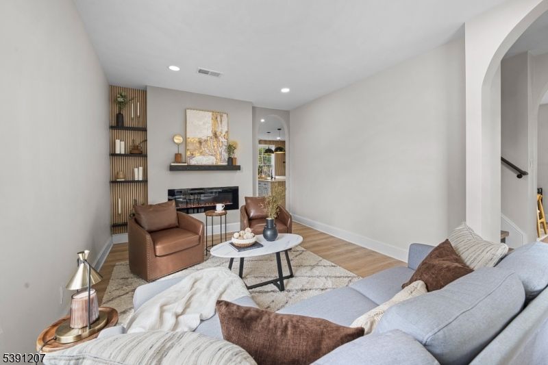 Fireplace, Interior, Living room, Recessed Lighting, Wood Texture Flooring