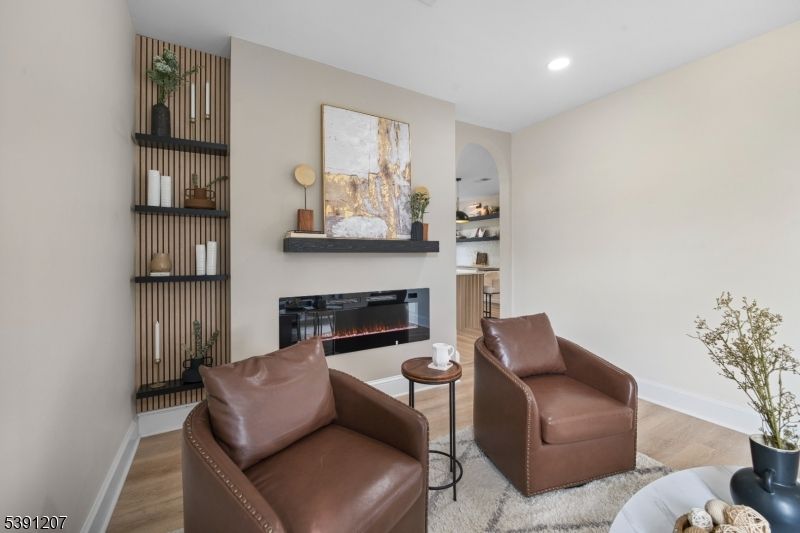 Fireplace, Interior, Living room, Recessed Lighting, Wood Texture Flooring