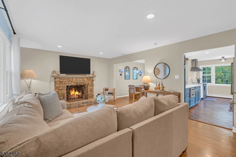Fireplace, Interior, Living room, Recessed Lighting, Wood Texture Flooring