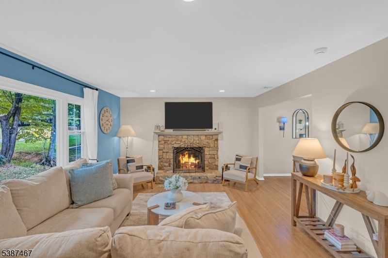 Fireplace, Interior, Living room, Recessed Lighting, Wood Texture Flooring