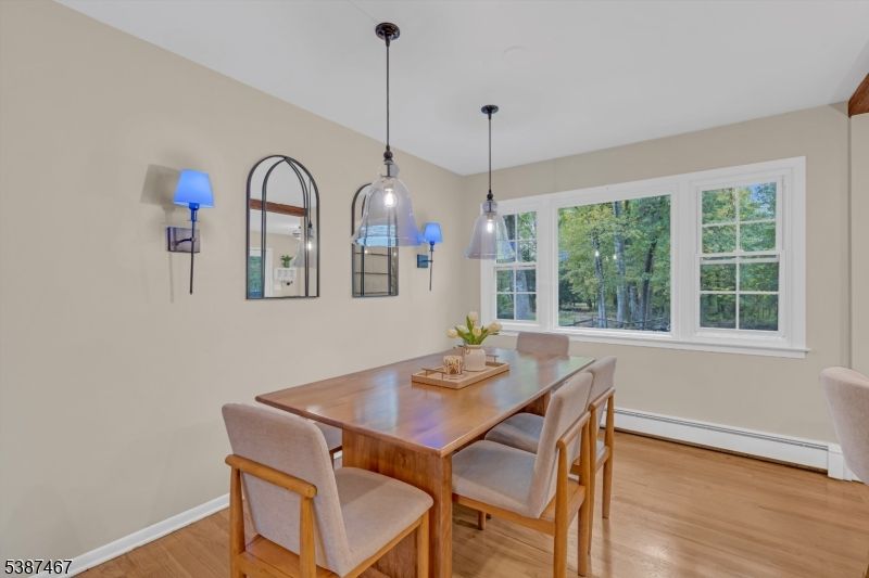 Dining room, Interior, Pendant Lights, Wood Texture Flooring