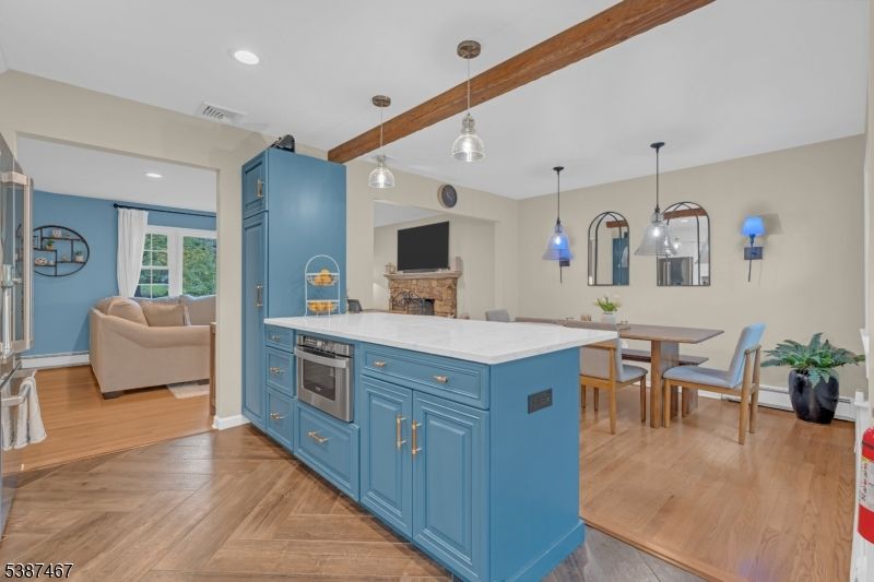 Dining room, Fireplace, Interior, Kitchen, Pendant Lights, Recessed Lighting, Wooden Beams, Wood Texture Flooring