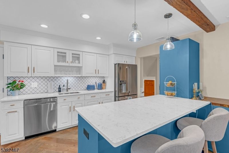 Interior, Kitchen, Pendant Lights, Recessed Lighting, Stainless Steel Appliances, Wooden Beams, Wood Texture Flooring
