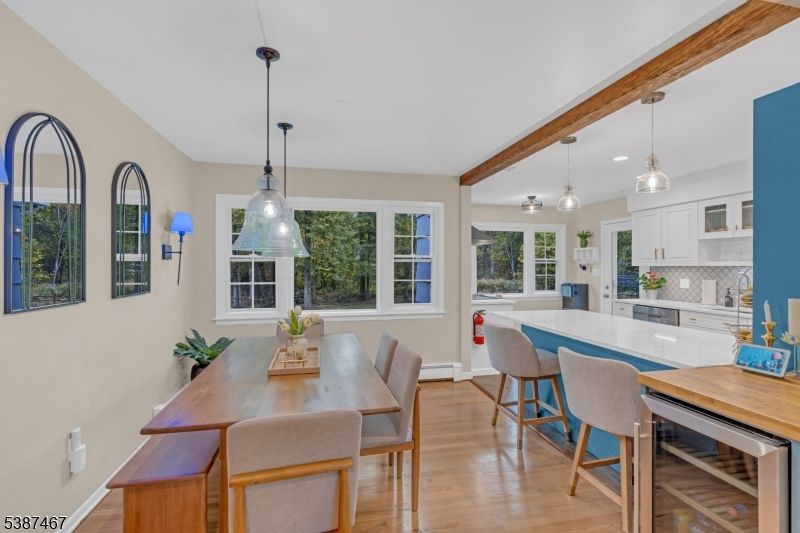 Dining room, Interior, Kitchen, Pendant Lights, Recessed Lighting, Wooden Beams, Wood Texture Flooring