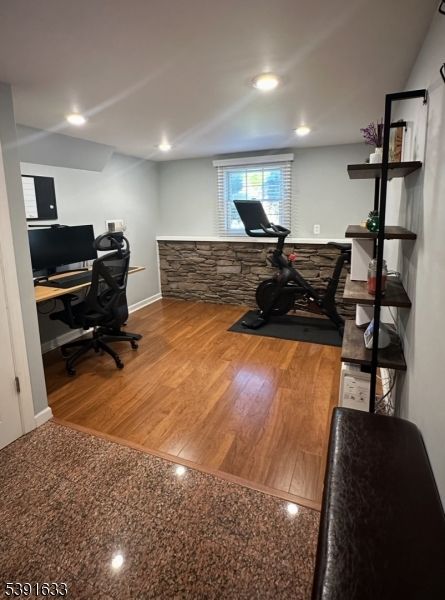 Fitness Equipment, Home Office, Interior, Recessed Lighting, Wood Texture Flooring